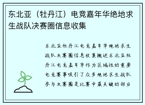 东北亚（牡丹江）电竞嘉年华绝地求生战队决赛圈信息收集
